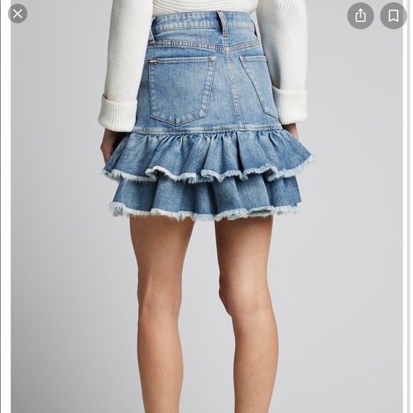 $265 Alice + Olivia Ruffle Hem Denim Mini Skirt High Waisted Tiered Jean Size 0 - Picture 3 of 10